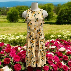 Market & Spruce Yellow Gingham Floral Tiered Sleeveless Dress Size M Cottagecore